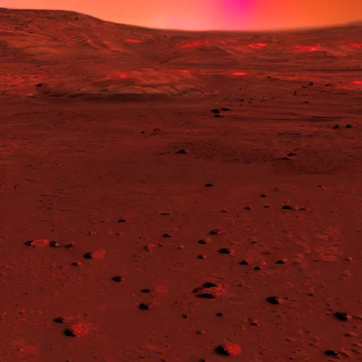 Image similar to Mars landscape, red lights on the sides, green lights on the center, photorealistic, ultra realistic, hyper realistic, 8K, macro