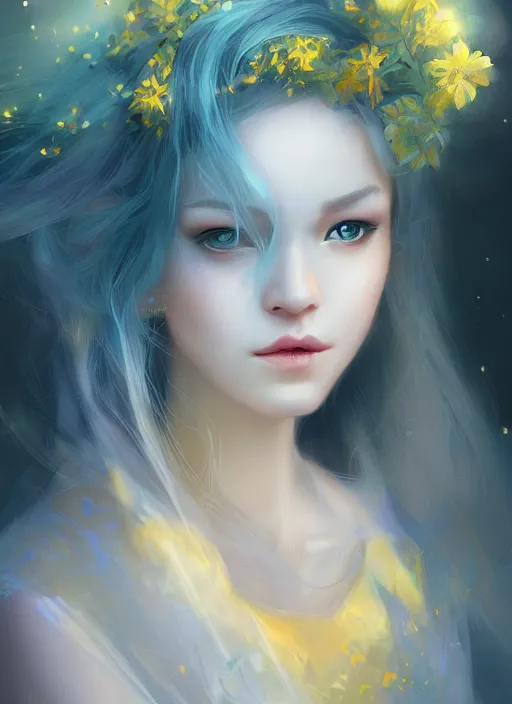 Image similar to a gorgeous flower princess portrait by WLOP, emerald yellow eyes, blue hair, digital painting, beautiful lighting, mystical , cgsociety, artstation