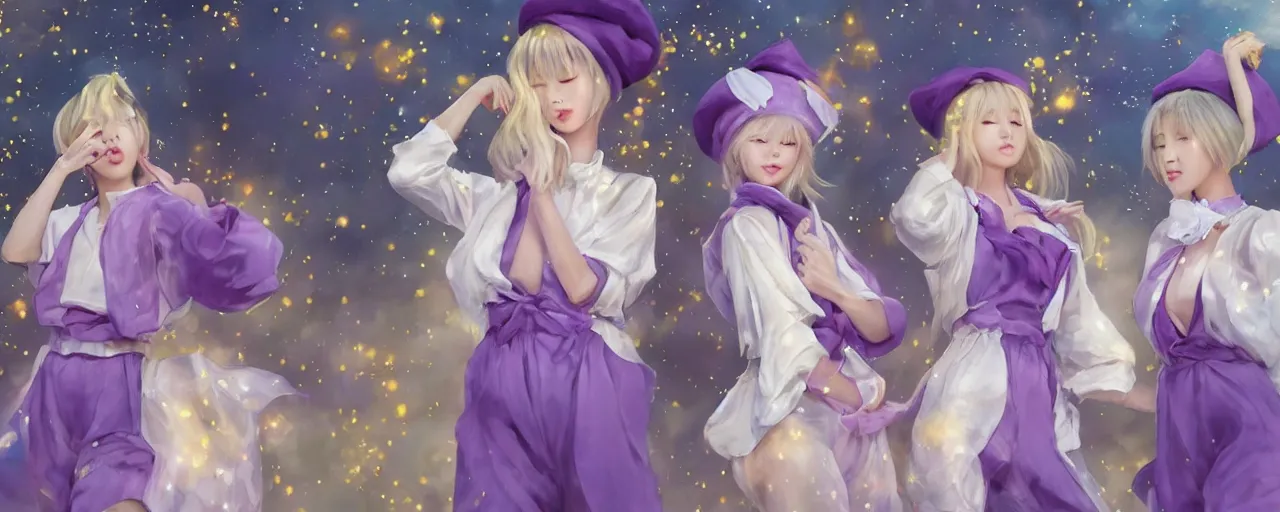 Prompt: Full View of a mysterious kpop fairy girl group with short blond hair wearing an oversized purple Beret, Baggy Purple overall shorts, Short Puffy pants made of silk, silk shoes, a big billowy scarf, Golden Ribbons, white leggings Covered in stars. Short Hair. peasant magic. masterpiece 4k digital illustration by Ruan Jia and Mandy Jurgens and Artgerm and william-adolphe bouguereau, award winning, Artstation, art nouveau aesthetic, Alphonse Mucha background, intricate details, realistic, panoramic view, Hyperdetailed, 8k resolution, intricate art nouveau