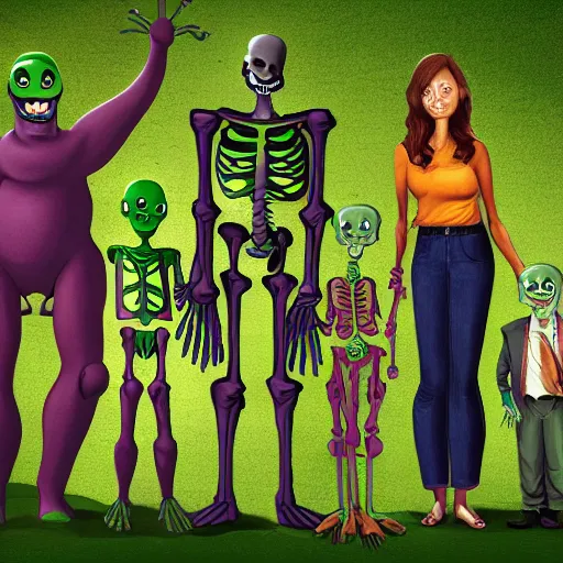 Image similar to A family portrait at the zoo of a sasquatch, a human lizard, a green alien and a skeleton, photorealistic style