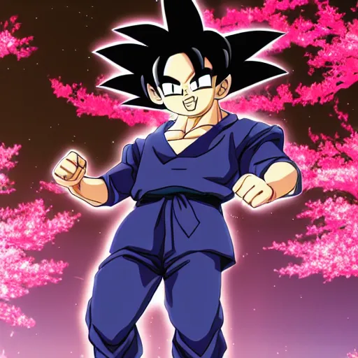 Prompt: highly detailed photo of goku wearing tuxedo standing in front of sakura trees, anime concept art, symmetrical face, with clear eyes highly detailed, 8 k