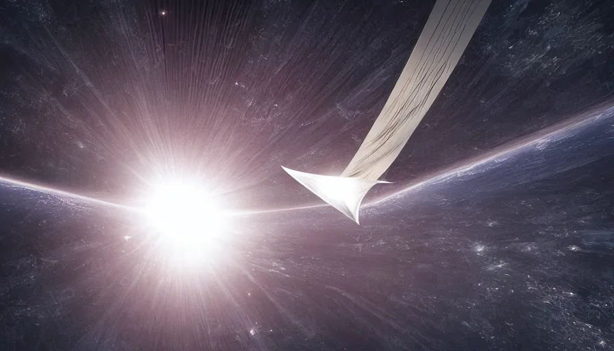 Image similar to solar sail infront of sun, in space, earth visible below, octane render, dramatic