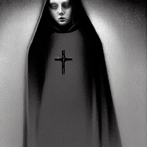 Image similar to a young adult black nun smoking and puffing lots of smoke, minimalistic background, by Beksinski