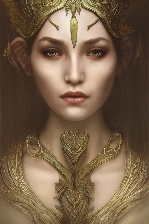 Prompt: A stunning realistic fine art painting of a beautiful! elven queen by Tom bagshaw, studio portrait, 50mm lens 4k,