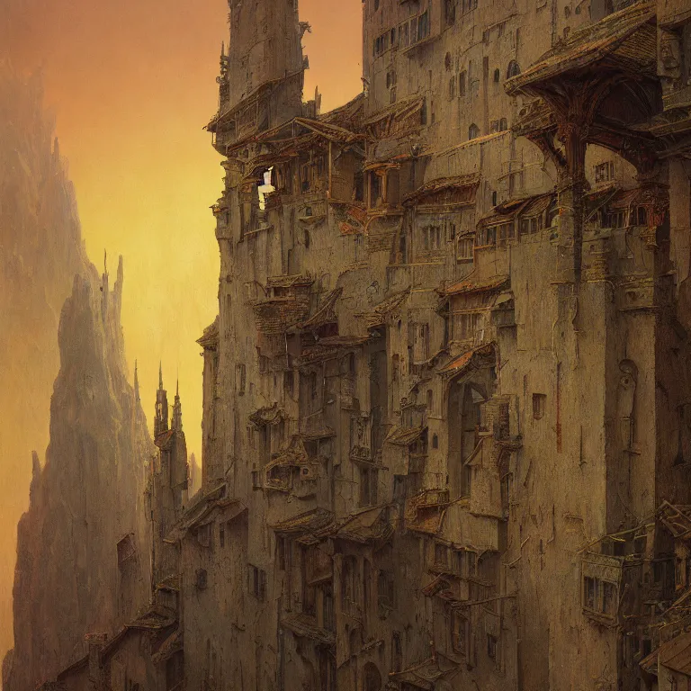 Image similar to a detailed painting inspired by moebius and beksinski of a medieval two floor building. fantasy poster. lord of the rings style. cinematic fantasy scene. fantasy. carl spitzweg. renaissance elements. renaissance element. oil painting. award winning. trending on artstation. 8 k