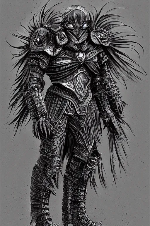 Prompt: armoured raven humanoid monster, crows feet, symmetrical, highly detailed, digital art, black feather armour, sharp focus, trending on art station, kentaro miura manga art style