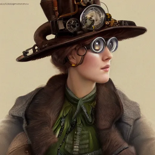 Prompt: Three quarters portrait of a steampunk grannie, poofy hat, goggles, highly detailed, digital painting, art by Stanley Lau and Artgerm and magali villeneuve and Alphonse Mucha, artstation, octane render, cgsociety