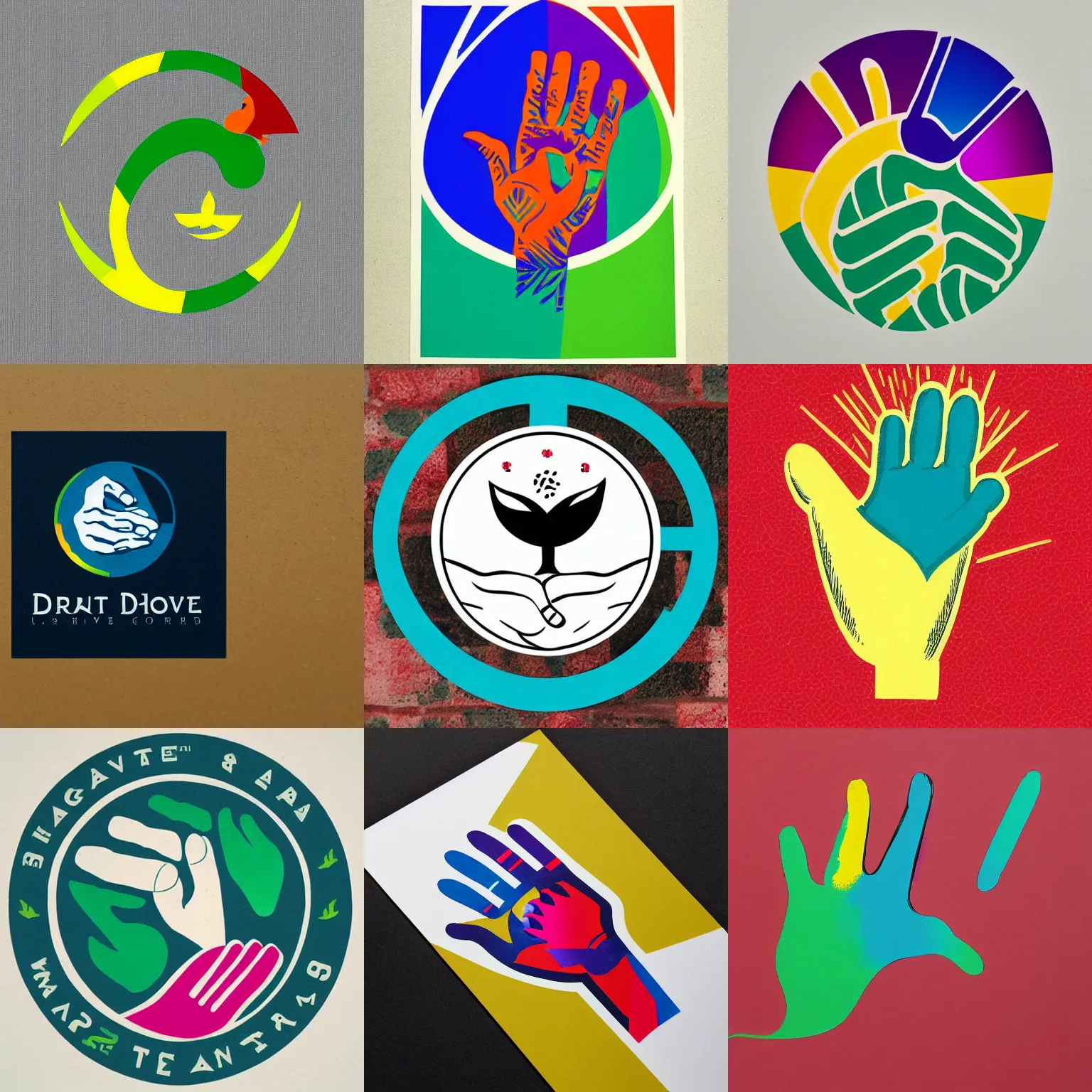 Prompt: logo design incorporating a hand, the earth, a dove, and a laurel. screen print. colourful.