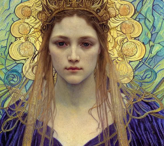 Image similar to detailed realistic beautiful young medieval queen face portrait by jean delville, alphonse mucha, vincent van gogh, and marco mazzoni, art nouveau, symbolist, visionary, gothic, pre - raphaelite
