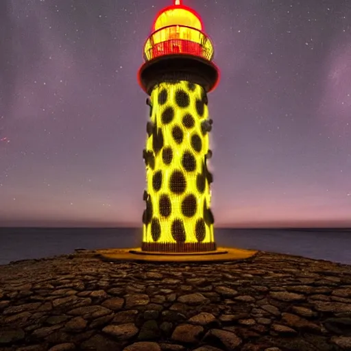 Prompt: a photo of an alien lighthouse covered in scales, lit by an eerie background glow