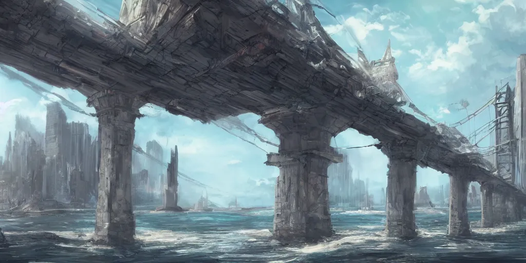 Prompt: ancient metropolis on top of a tall bridge structure over the ocean, tall arches, long, fading off into the distance, city in the clouds, ships with sails, artstation