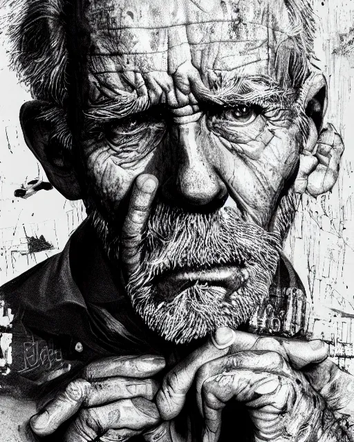 Prompt: closeup portrait of a dirty tired old man man standing on a bridge, detailed illustration, digital art, trending on artstation, martin ansin, b & w,