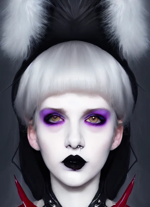 Image similar to portrait of white teenage girl, normal face, white bangs, mall goth, cyberlox, black and white hair, bangs, fluffy bangs, red contact lenses, purple lipstick, intricate, elegant, highly detailed, digital painting, artstation, concept art, sharp focus, smooth, illustration, art by wlop, mars ravelo and greg rutkowski