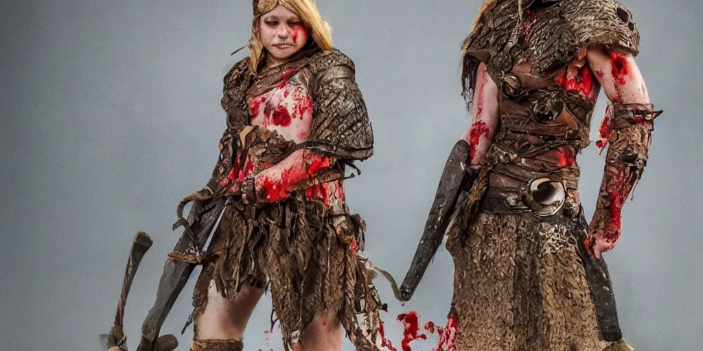 Image similar to a beautiful viking female warrior, covered in blood, highly detailed.