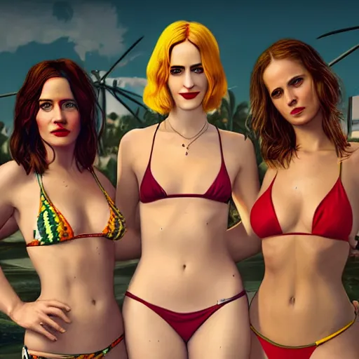 Image similar to highly detailed painting of eva green, emma watson and jennifer lawrence wearing a bikini standing close together, gta 5 cover art style, 8 k, radiant light, detailed and intricate environment, trending on artstation