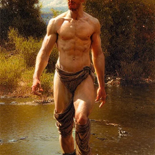 Prompt: young shepherd by a river, playful, male, muscular, detailed face, gorgeous, amazing, muscular, intricate, highly detailed, painting by Gaston Bussiere, Craig Mullins