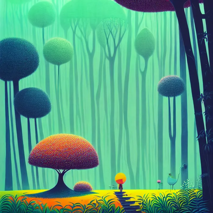 Prompt: ( ( ( gediminas pranckevicius ) ) ), stillness under bo tree in a jungle garden summer morning, very coherent and colorful high contrast art by james gilleard floralpunk screen printing woodblock, dark shadows, pastel color, hard lighting