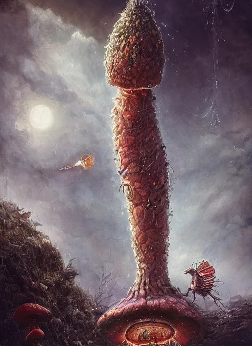 Prompt: giant catepillar smoking a water pipe sitting on a giant mushroom,highly detailed,cinematic,Tarot card,8k,by Stanley Artgermm,Tom Bagshaw,Greg Rutkowski,Carne Griffiths, Ayami Kojima, Beksinski, Giger,trending on DeviantArt,hyper detailed,horror, full of colour