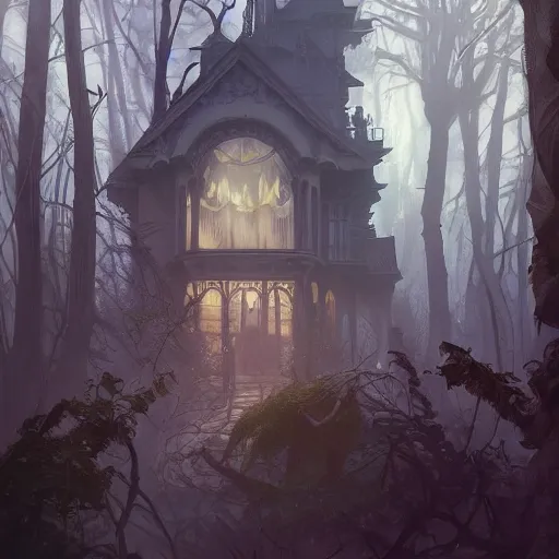 Image similar to a haunted victorian house in a dense dark forest, concept art, by Peter Mohrbacher and Alphonse Mucha, detailed, style, 8k, trending on artstation, unreal engine 4k, detailed, clean background trending, full shot, symmetrical portrait, sophisticated, Unreal engine, dystopia, anti-utopia, post processing, psychadelic