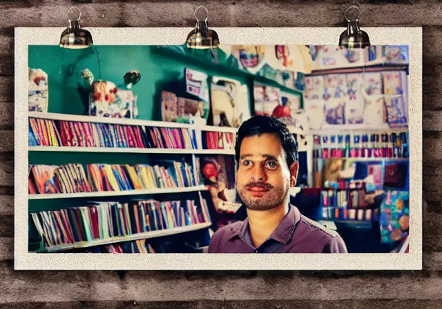 Prompt: home photography portrait, A shopkeeper guy of the SHOME and his family , floor, signboards , poster ; summer, Color VHS picture quality with mixed noise