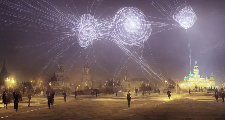 Image similar to pepople and a spiral - shaped white luminous attractor is floating near kremlin, concept art, art for the game, professional lighting, art