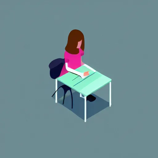 Image similar to isometric flat art of a woman writing at a desk looking out the window