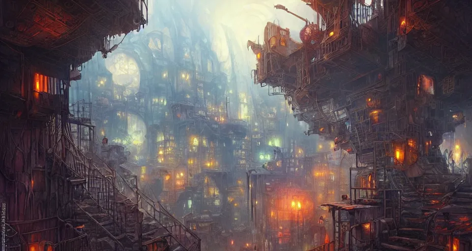 Image similar to landscape painting of the slums at the bottom of a fantasy metal steampunk city that has a light blue glow with walkways and lit windows, magali villeneuve, artgerm, rutkowski