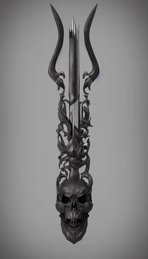 Prompt: a black long sword skull crest, orthographic, ornament, weapon, a 3 d render by dom qwek, front side views full, trending on polycount, artstation, hard surface modeling, rendered in maya, 3 ds max, blender, hd, vray, berserk guts