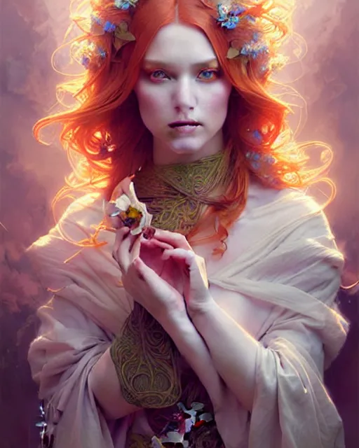 Prompt: Beautiful, naughty and playful ethereal ginger portrait, art nouveau, fantasy, intricate flower designs, elegant, highly detailed, sharp focus, art by Artgerm and Greg Rutkowski and WLOP