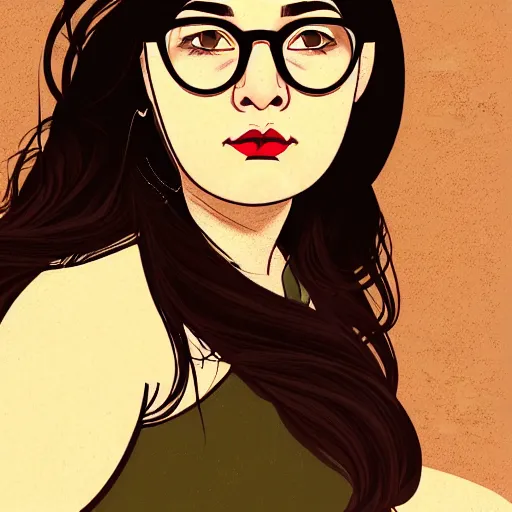Prompt: A portrait of a plump woman, a cute art neuveau woman with straight brown hair in a Bob, no bangs, brown eyes, large glasses, full face, olive skin, romanian heritage, digital art, cartoon, medium shot, mid-shot, 8k, by mucha