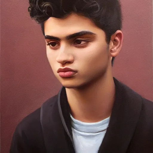 Image similar to oil painting by ilya kuvshinov, baugh casey, rhads, coby whitmore, of a youthful persian - indian college student, olive skin, high cheekbones, handsome, curly black hair, gay fem boy, outdoors, highly detailed, breathtaking face, studio photography, dawn, intense subsurface scattering, blush, supple look, innocence, intense sunlight