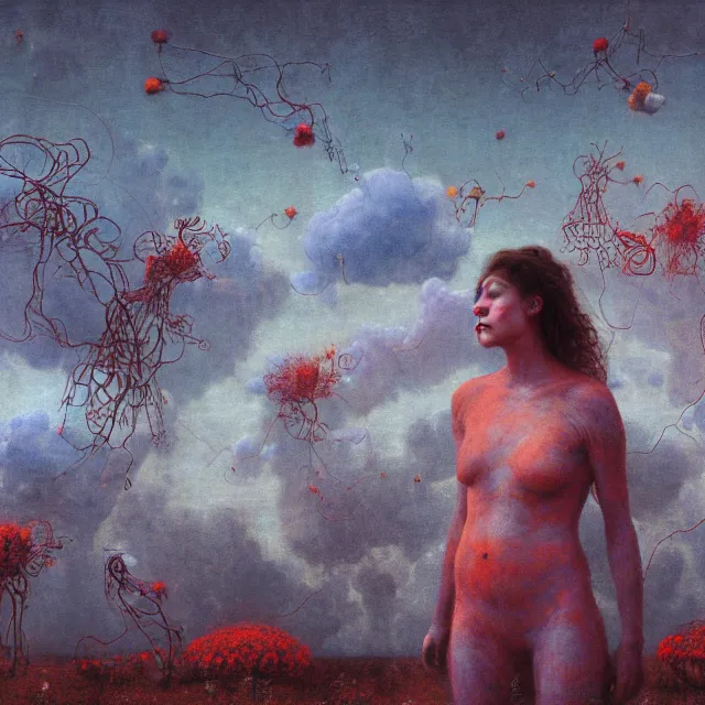 Prompt: A woman wearing clothes made out of thunder clouds and flowers, people floating in the sky, apocalypse, red skin, Masterpiece, glowing, wires everywhere, by Edgar Maxence and Ross Tran, Zdzisław Beksiński, and Michael Whelan, distant, gustav dore, H.R. Giger, 8k, octane render