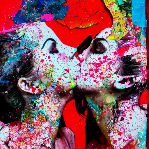 Image similar to two women kissing at a carnival, mixed media collage, retro, paper collage, magazine collage, acrylic paint splatters, double exposure,