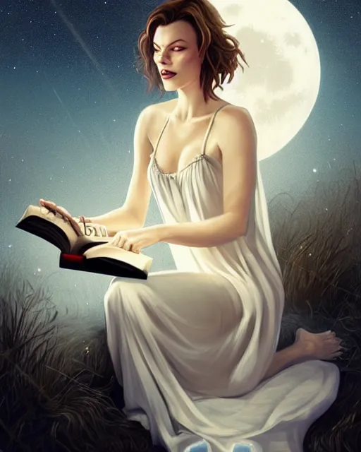 Image similar to milla jovovich in white nightgown reading a book by the river, face by otto schmidt, a full moon on the horizon, dark starry sky, dreamy fantasy ambience with golden orbs and fireflies, detailed gothic illustration bright moon light, by charlie bowater