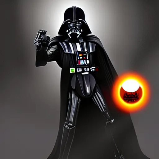 Prompt: a photo of darth vader holding an aperture science portal gun