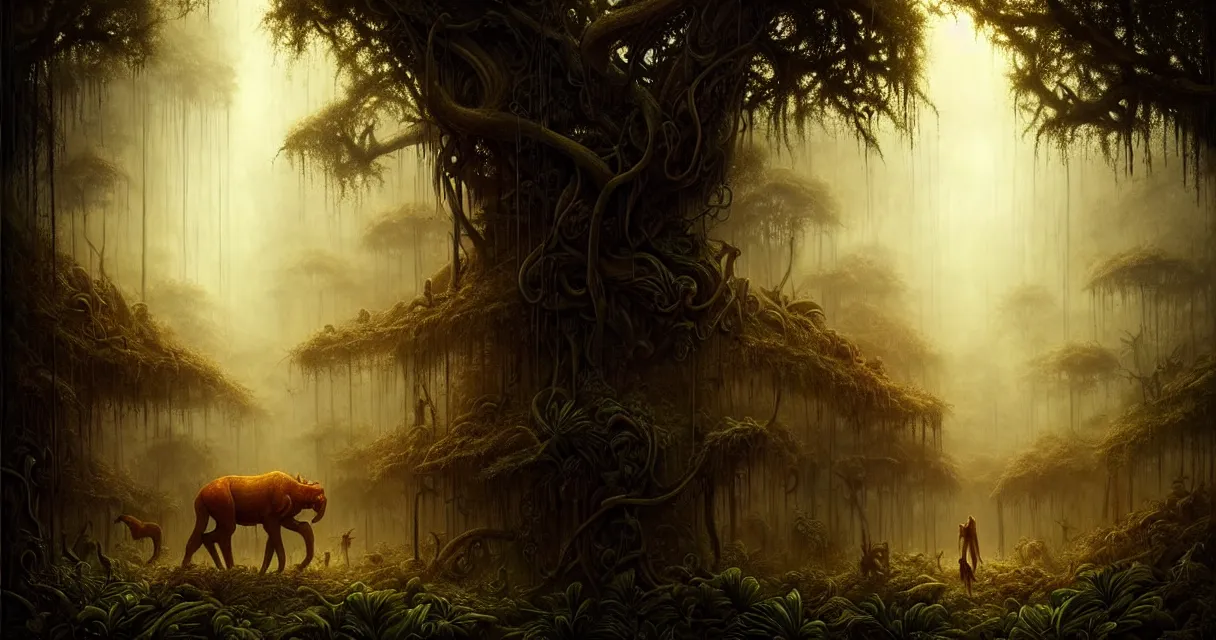 Prompt: epic professional digital art of hungry jungle, faint golden moody atmospheric lighting, painted, intricate, detailed, detailed, foreboding, by leesha hannigan, wayne haag, reyna rochin, ignacio fernandez rios, mark ryden, iris van herpen,, epic, stunning, gorgeous, much wow, cinematic, masterpiece.