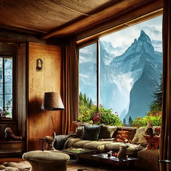 Image similar to fantastical living room with switzerland landscape in the window by marc adamus, beautiful dramatic lighting, overgrown with funghi, style by peter deligdisch, peterdraws