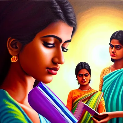 Image similar to hyperrealistic painting of a beautiful young tamil woman holding a notebook while a woman and three men emerge out of the book like genies, detailed digital art, trending on artstation