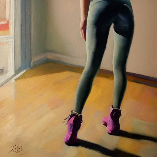 Prompt: realistic oil painting of athletic woman, woke up to yoga pants and uggs boots, alexis flower, wlop, rutkowski, hopper