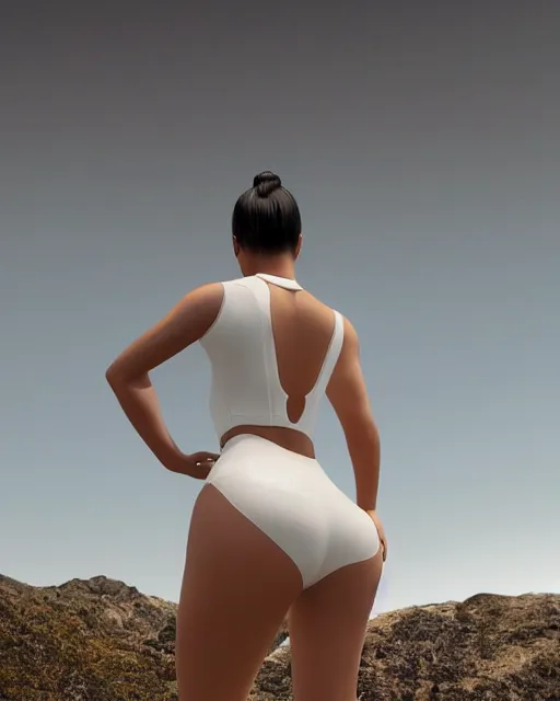 Image similar to kim kardashian, centered full body rear-shot, pov from rear, in skintight white sportswear, real photo, photoshooting, studio light, Irish mountains background, intricate, epic lighting, cinematic composition, hyper realistic, 8k resolution, unreal engine 5