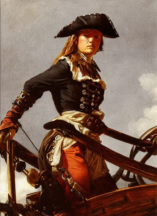 Image similar to close - up portrait of a female pirate with two peglegs and two hook hands, standing at the wheel of a galleon, sails and rigging, detailed dynamic light painting by albrecht anker