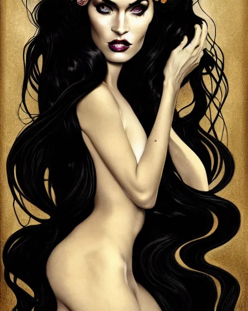 Prompt: new art nouveau portrait of fantasy succubus megan fox wearing a black gown in the style of anna dittmann, patrick nagle, charlie bowater and loish. long windblown hair, very large, clear, expressive, and intelligent eyes. symmetrical, centered, ultrasharp focus, dramatic lighting, photorealistic digital matte painting, intricate ultra detailed background.