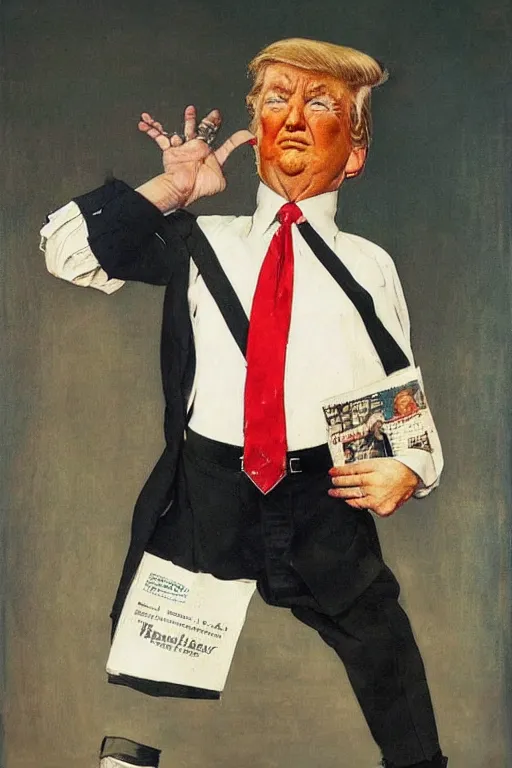 Image similar to “ a norman rockwell painting of donald trump caught with his pants down. ”