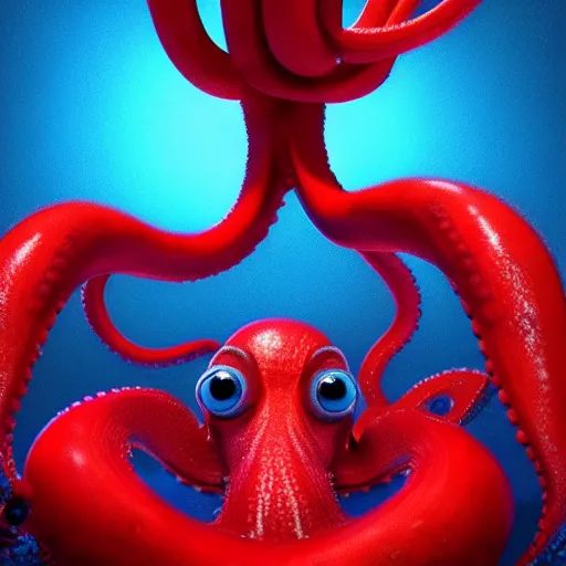 Image similar to portrait of red octopus, sly, cunning, blue background, pixar style animation 3d extremely gloomy lighting, atmospheric, cinematic, detailed illustration unreal Engine, 8K