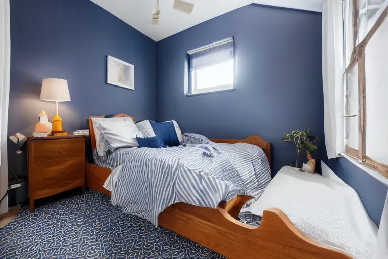 Image similar to a 10 by 11 foot old bed room with blue grey criss cross patterned walls, white ceiling, navy blue carpet, a small bed, desk, two wooden wardrobes, an old TV, and a ceiling fan gives off a dim orange light at night time