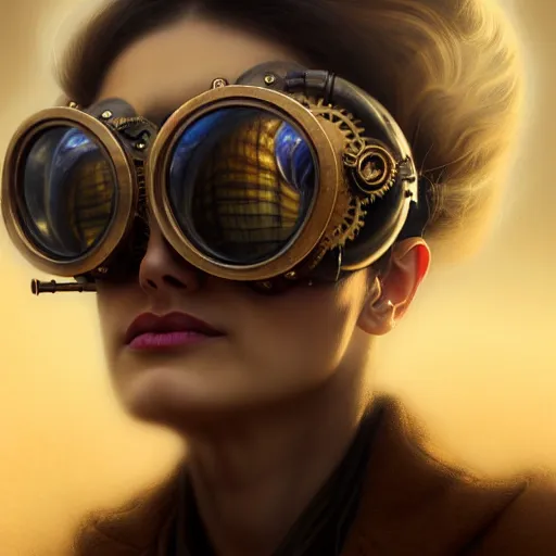 Image similar to closeup portrait shot of a glitched woman wearing steampunk goggles in a sandstorm, highly detailed, centered, digital painting, artstation, concept art, sharp focus, illustration, artgerm, tomasz alen kopera, peter mohrbacher, donato giancola, joseph christian leyendecker, wlop, boris vallejo