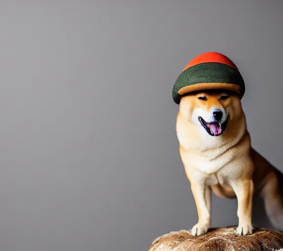 Image similar to a portrait of shiba inu with a mushroom cap growing on its head. intricate. lifelike. soft light. sony a 7 r iv 5 5 mm. cinematic post - processing