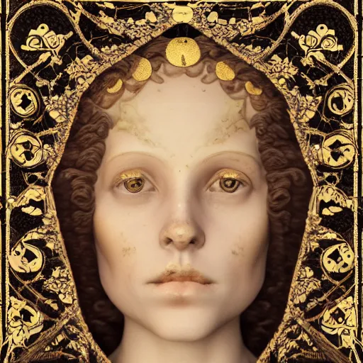 Image similar to a beautiful girl made of ivory and gold, highly intricate, digital art, very detailed, in the style of a weird and dark eerie liminal art nouveau flemish painting, 8k, octane render