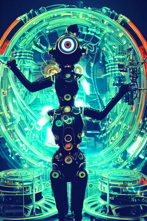 Image similar to portrait photo of a giant huge golden and blue metal humanoid steampunk robot female singer with headphones and gears and tubes, in the foreground is a big red glowing microphone, eyes are glowing green lightbulbs, shiny crisp finish, 3 d render, 8 k, insaneley detailed, fluorescent colors, background is multicolored lasershow