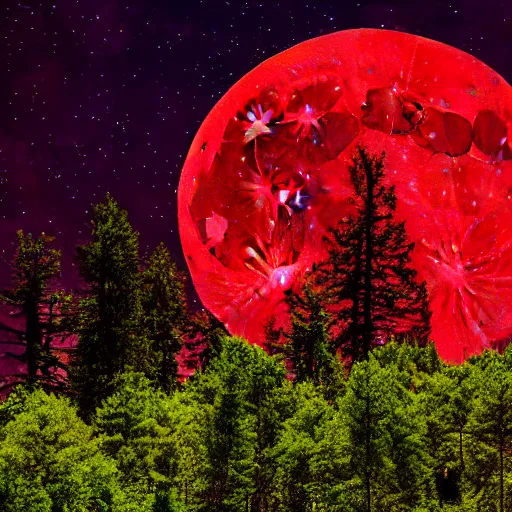 Prompt: vivid landscape with big trees under a red moon